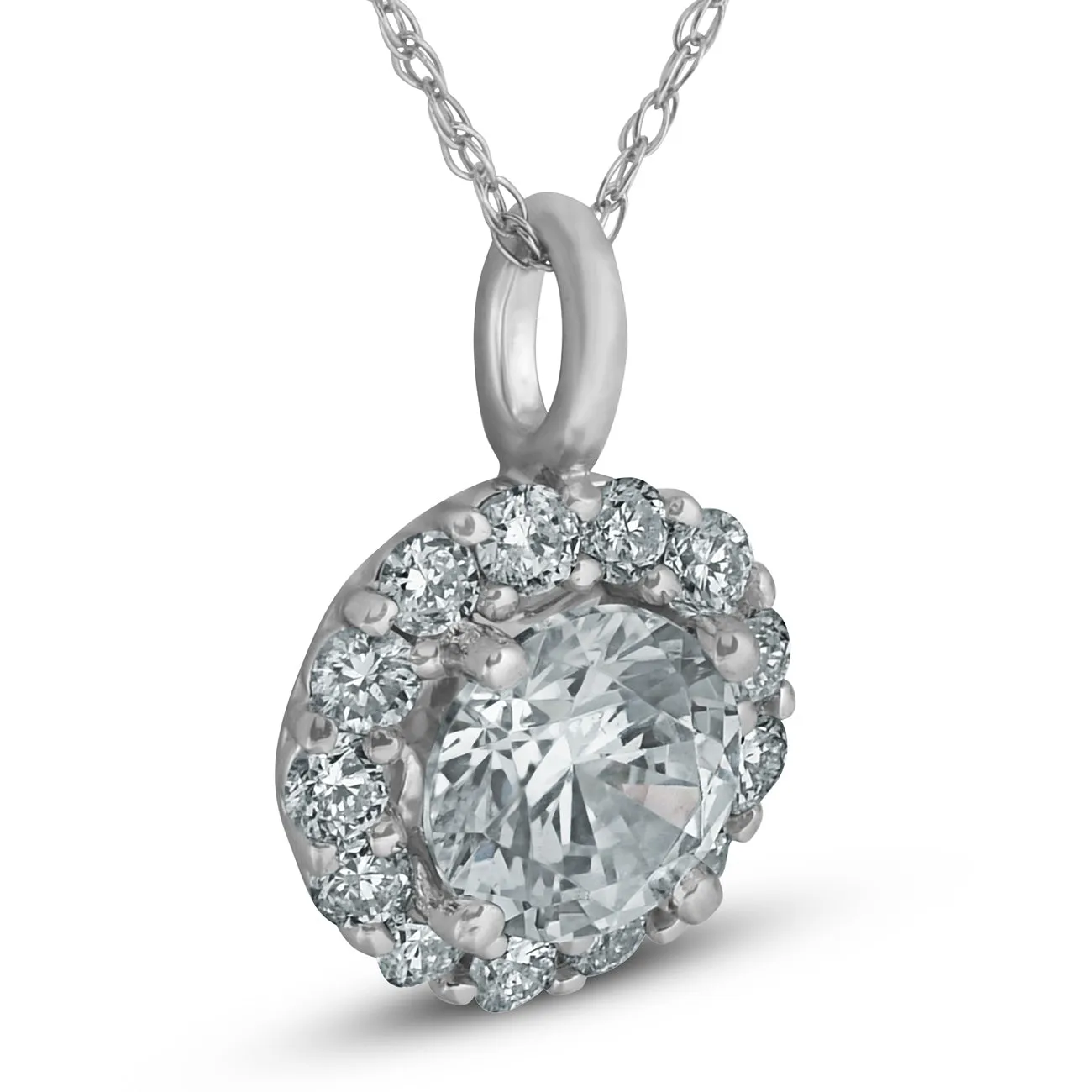 1 Ct Halo Diamond Pendant Necklace 18" 14k White Gold