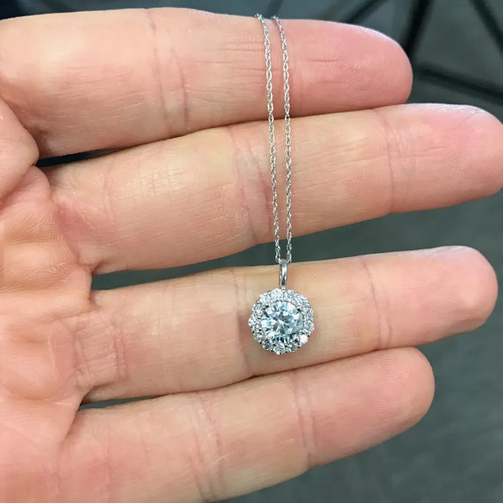 1 Ct Halo Diamond Pendant Necklace 18" 14k White Gold