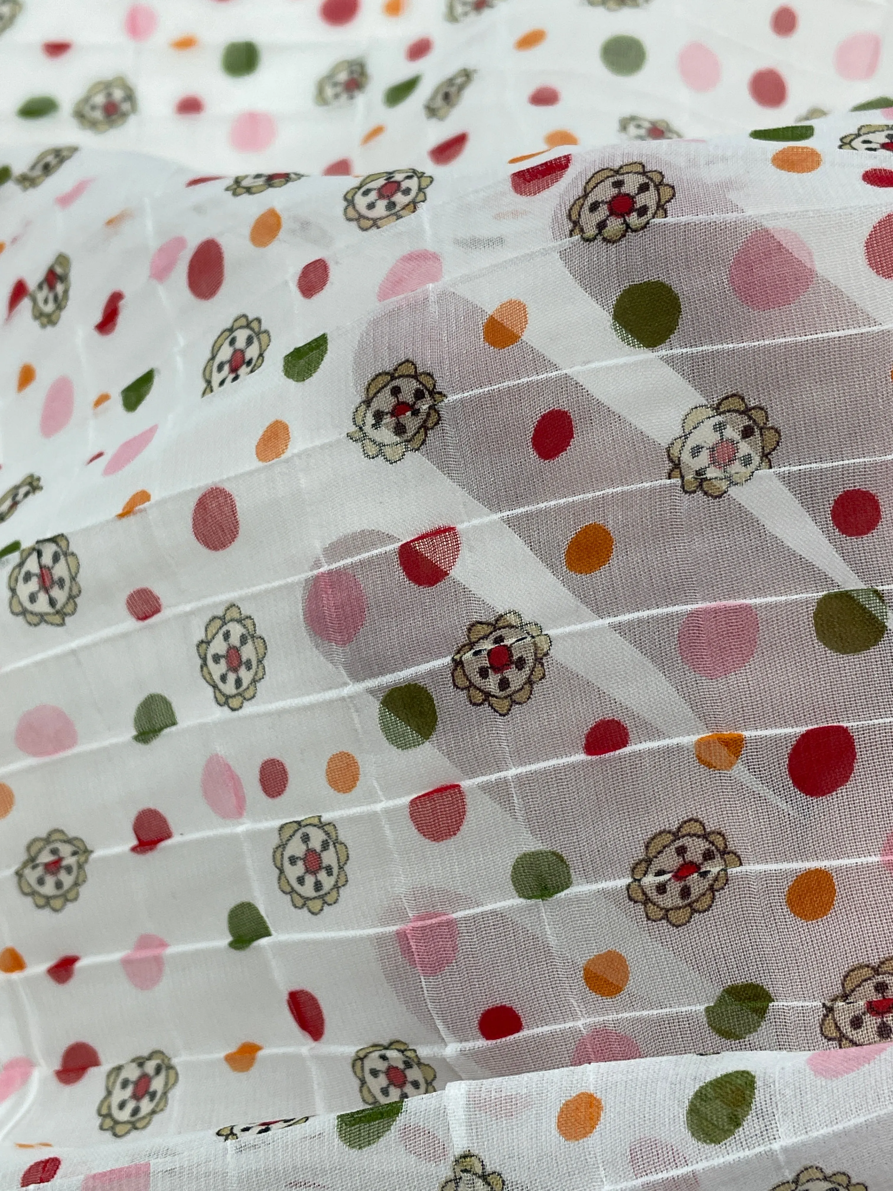 1 YD Nylon Pleated Organza - White with Pink, Red, Orange and Green Polka Dots