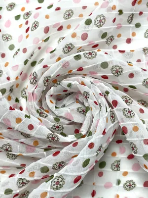 1 YD Nylon Pleated Organza - White with Pink, Red, Orange and Green Polka Dots