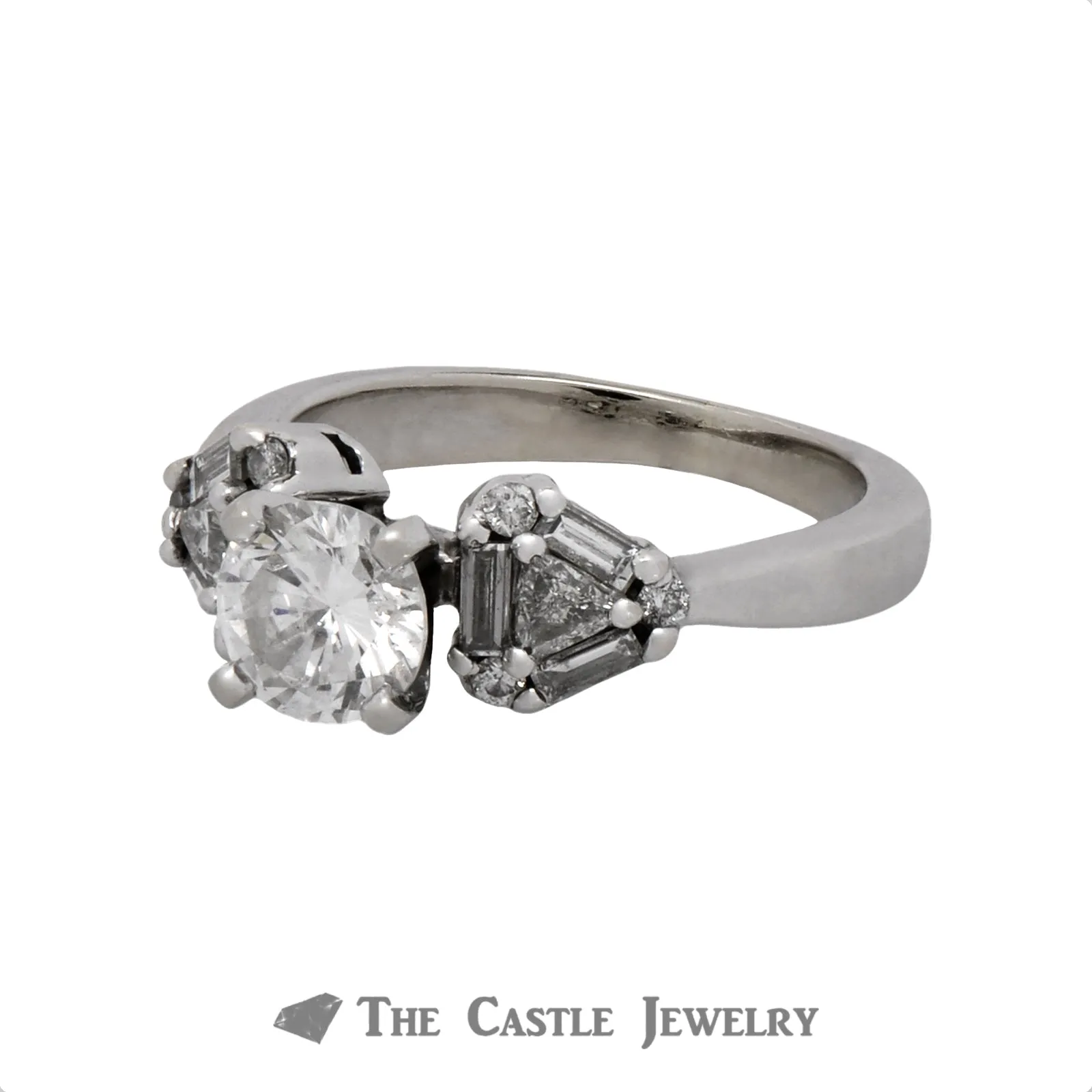 1.25cttw Diamond Engagement Ring with Baguette, Trillion and Round Cut Accents in 14k White Gold