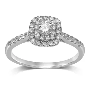 18ct White Gold 1/2 Carat Brilliant Diamond Double Halo Cushion Shaped Ring