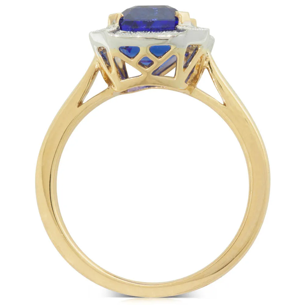 18ct Yellow & White Gold Tanzanite & Diamond Halo Ring