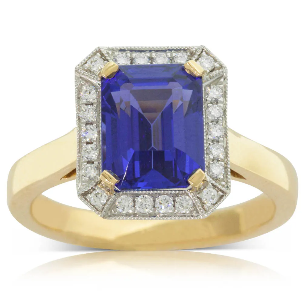 18ct Yellow & White Gold Tanzanite & Diamond Halo Ring