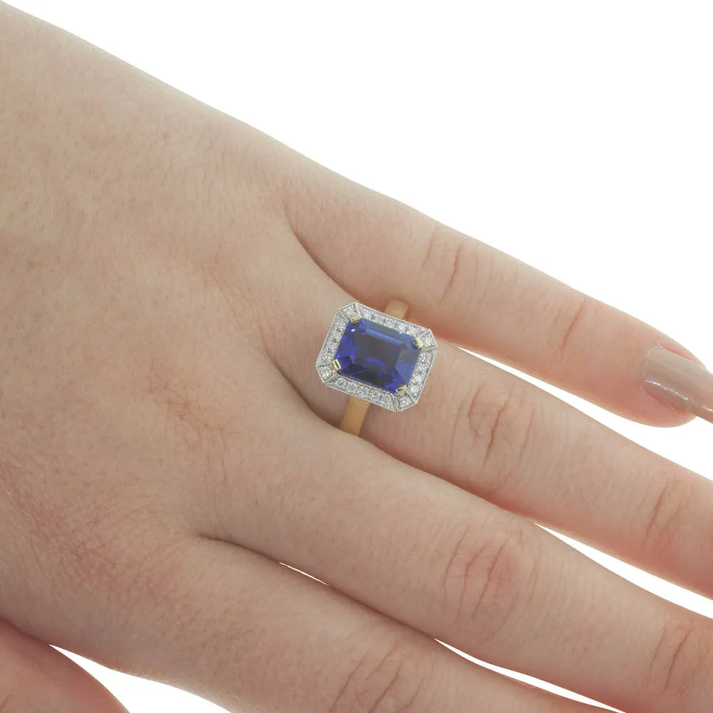 18ct Yellow & White Gold Tanzanite & Diamond Halo Ring