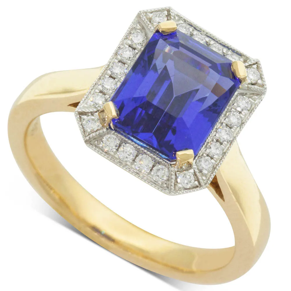 18ct Yellow & White Gold Tanzanite & Diamond Halo Ring