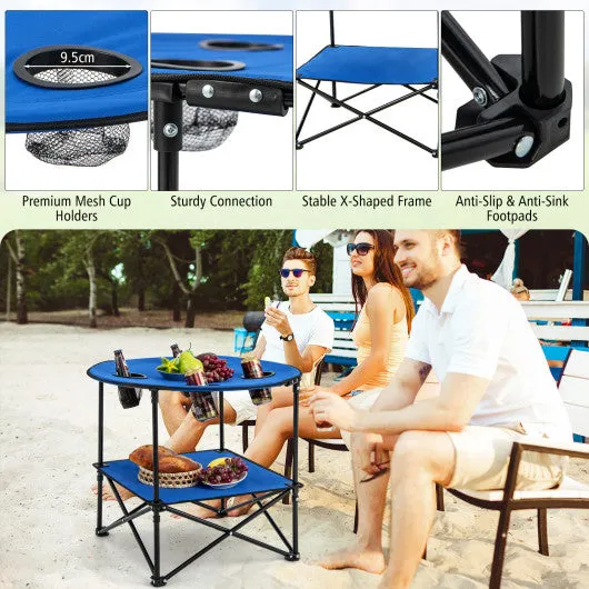 2-Tier Portable Picnic Table with Carrying Bag and 4 Cup Holders-Blue