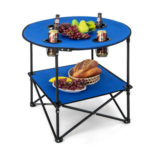 2-Tier Portable Picnic Table with Carrying Bag and 4 Cup Holders-Blue