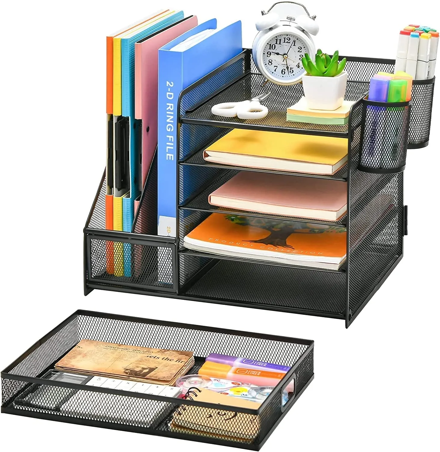 5-Tier Desk Organizer with File Holder, Drawer, and Pen Holders - Mesh Desktop Storage for Office Supplies and Magazines