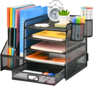 5-Tier Desk Organizer with File Holder, Drawer, and Pen Holders - Mesh Desktop Storage for Office Supplies and Magazines