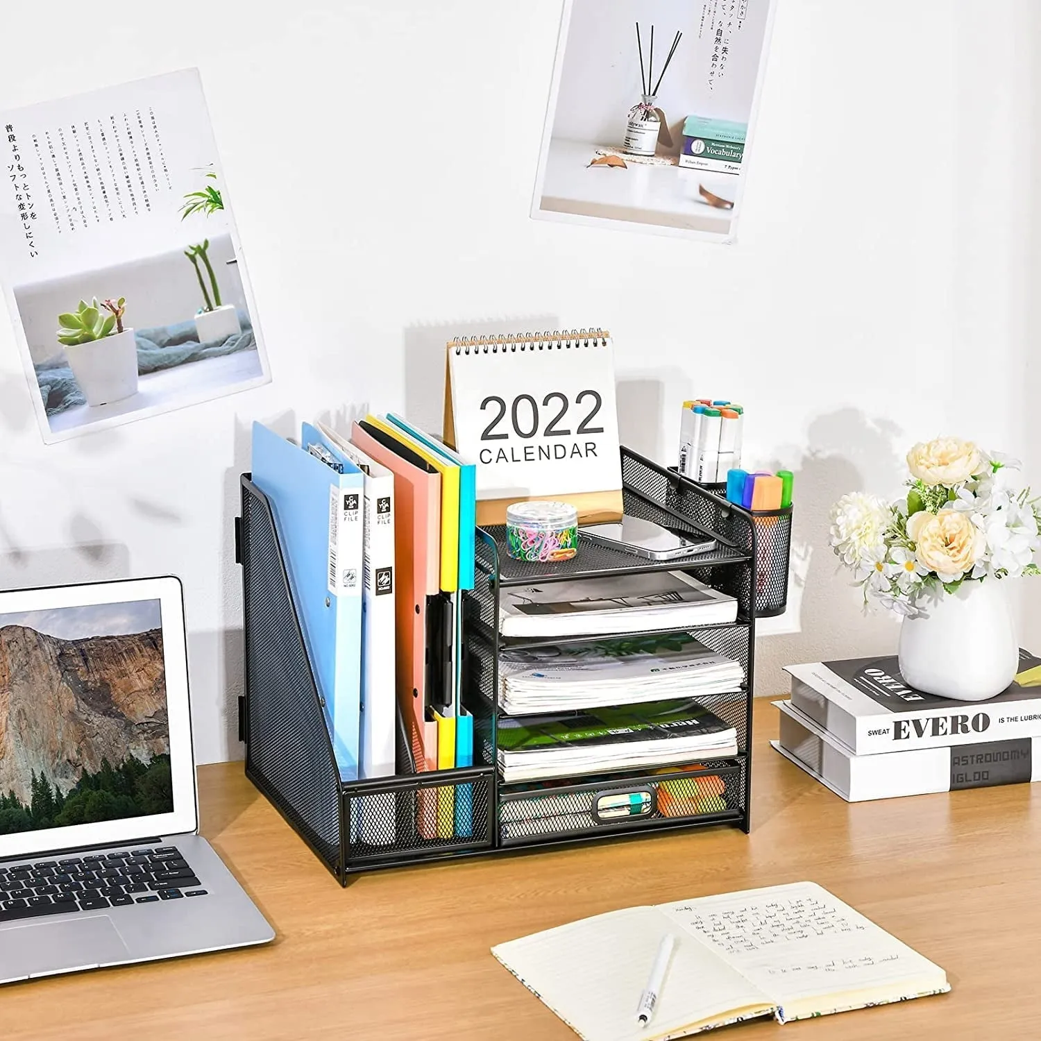 5-Tier Desk Organizer with File Holder, Drawer, and Pen Holders - Mesh Desktop Storage for Office Supplies and Magazines