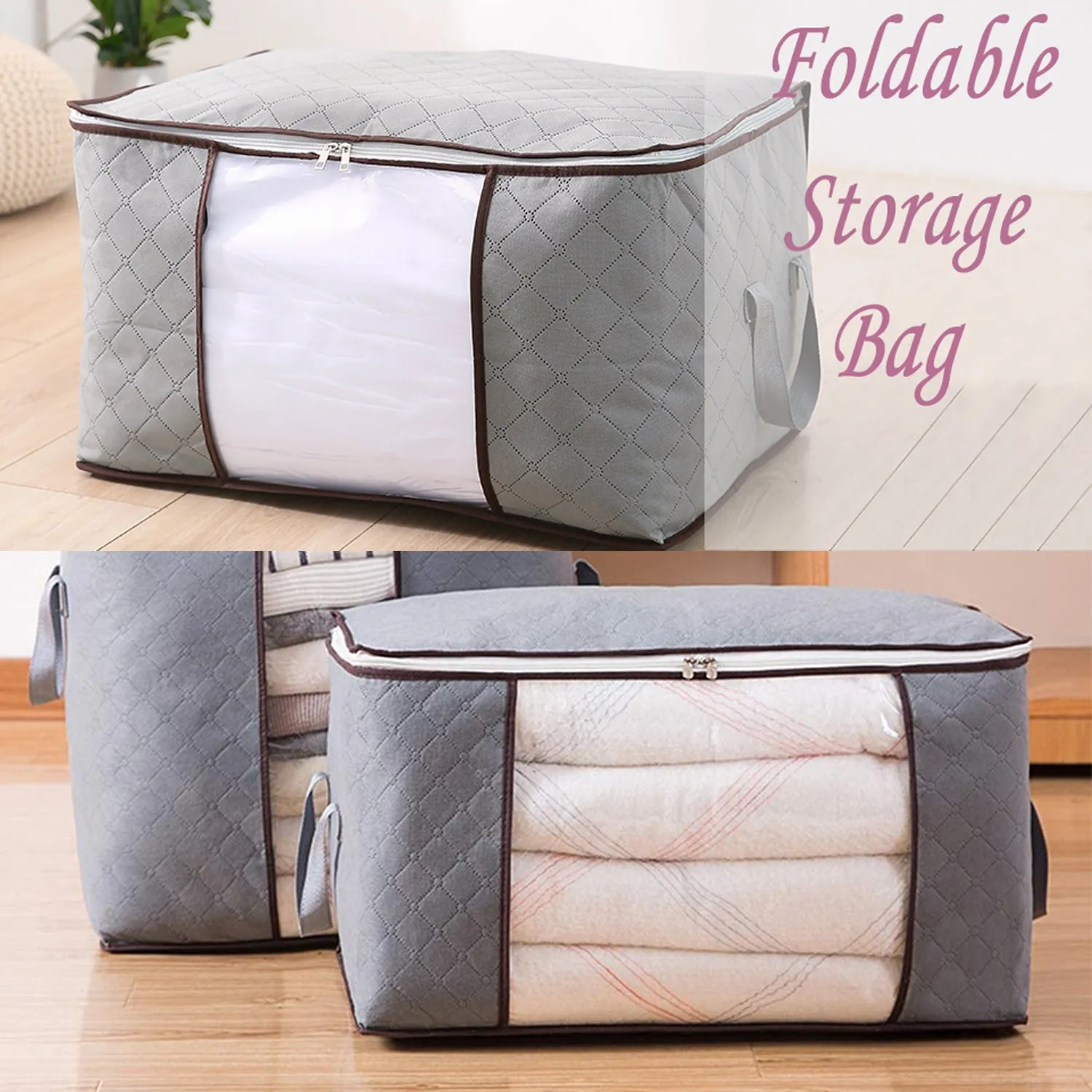 6262 Storage bag with Zipper and Space Saver Comforter bag, Pillow, Quilt, Bedding, Clothes, Blanket Storage Organizer Bag with Large Clear Window and Carry Handles for Closet.