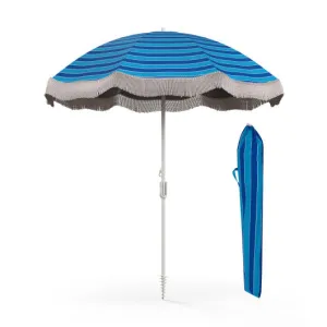 6.5 FT Beach Umbrella with Fringe Outdoor Tassel Umbrella with Push Button Tilt-Navy