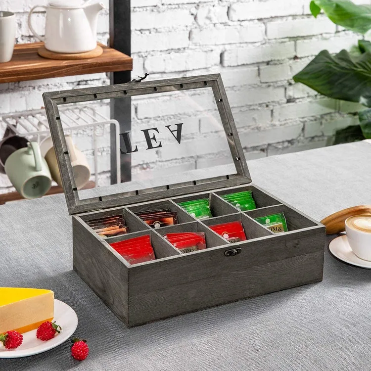 8 Compartment Gray Wood Tea Bag Storage Box Chest with Clear Acrylic Lid