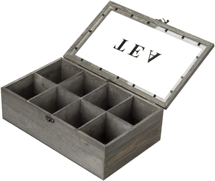 8 Compartment Gray Wood Tea Bag Storage Box Chest with Clear Acrylic Lid