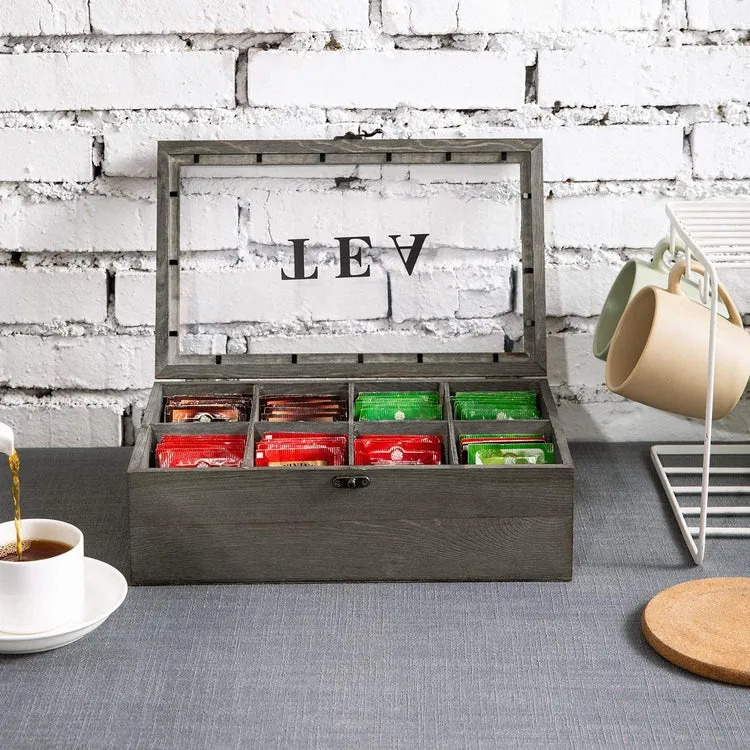 8 Compartment Gray Wood Tea Bag Storage Box Chest with Clear Acrylic Lid