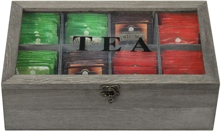 8 Compartment Gray Wood Tea Bag Storage Box Chest with Clear Acrylic Lid