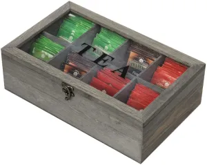 8 Compartment Gray Wood Tea Bag Storage Box Chest with Clear Acrylic Lid