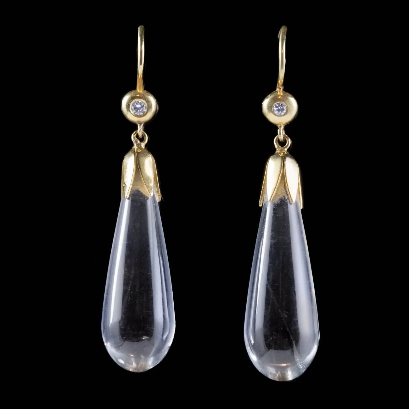 Antique Edwardian Rock Crystal Diamond Drop Earrings 18Ct Gold Circa 1905