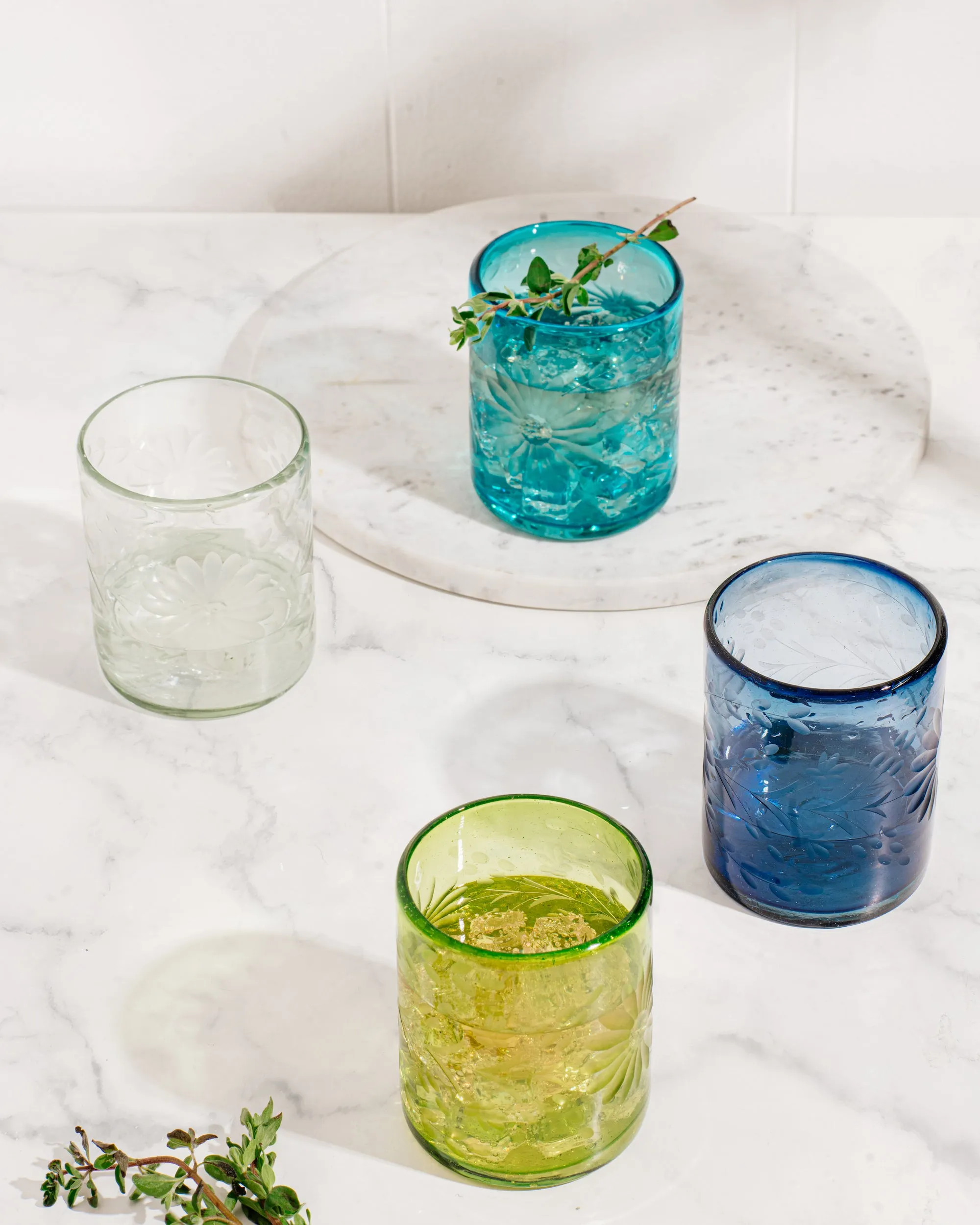 Aqua Etched Glass Tumbler Set