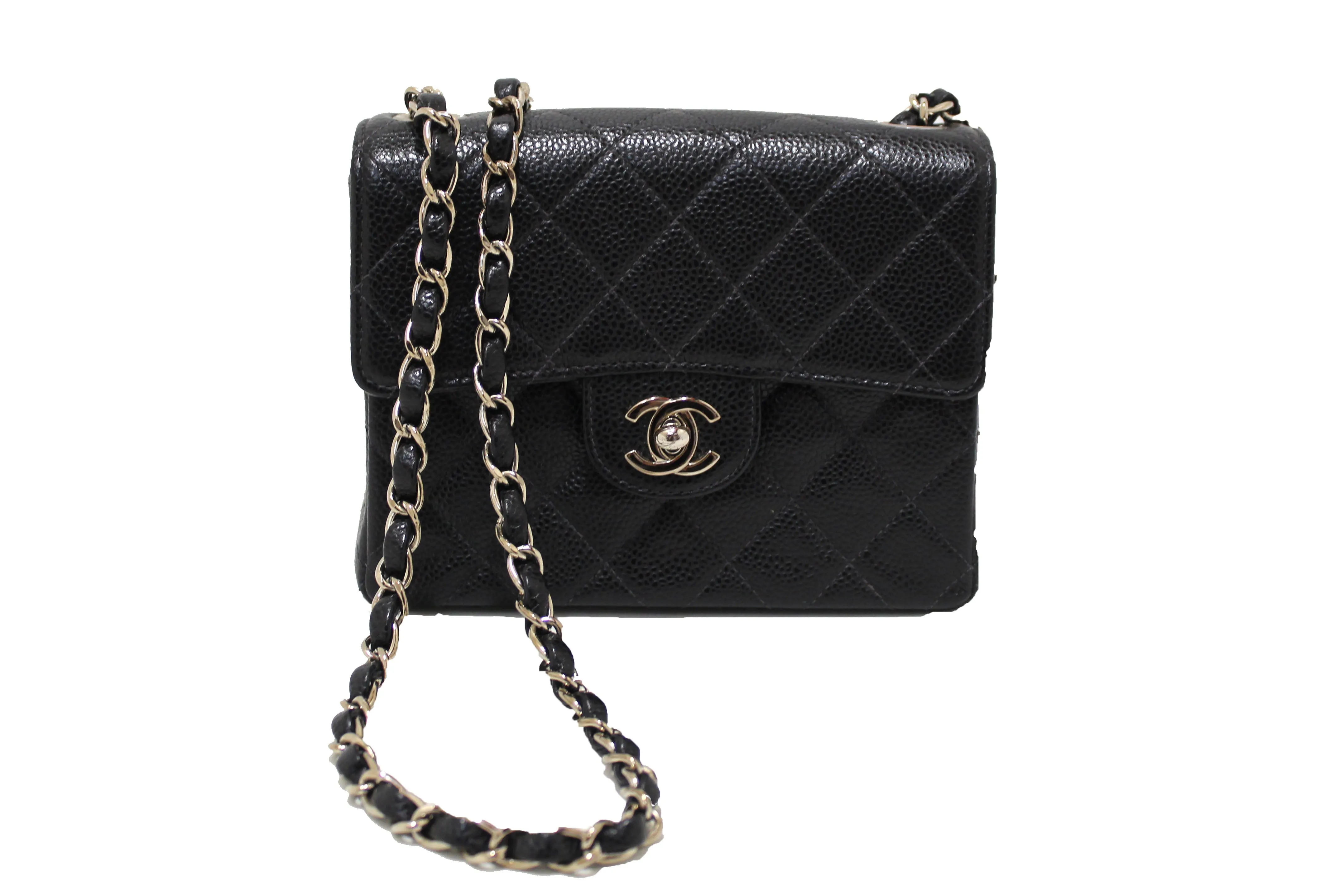 Authentic Chanel Black Quilted Caviar Leather Square Mini Classic Flap Bag