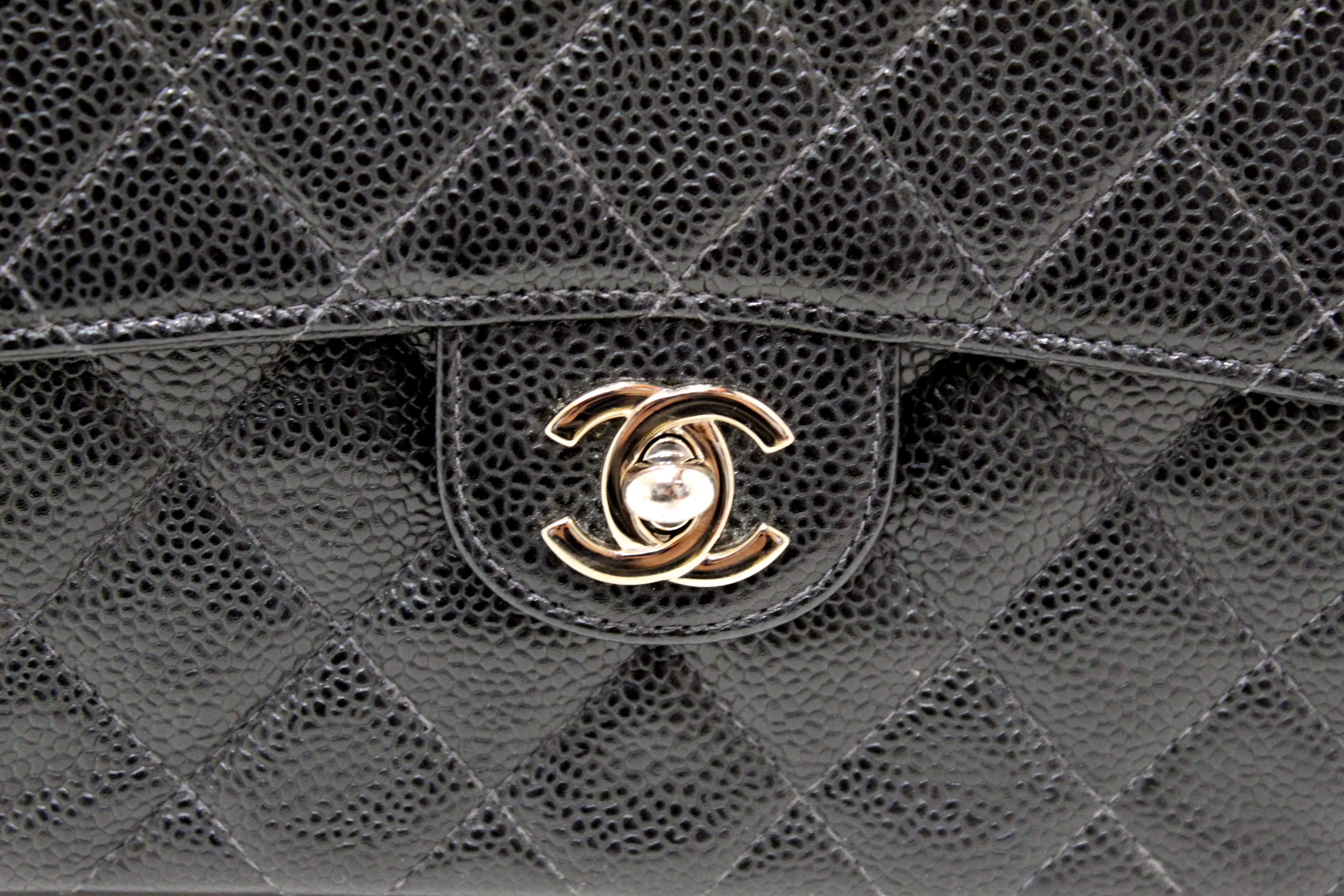 Authentic Chanel Black Quilted Caviar Leather Square Mini Classic Flap Bag