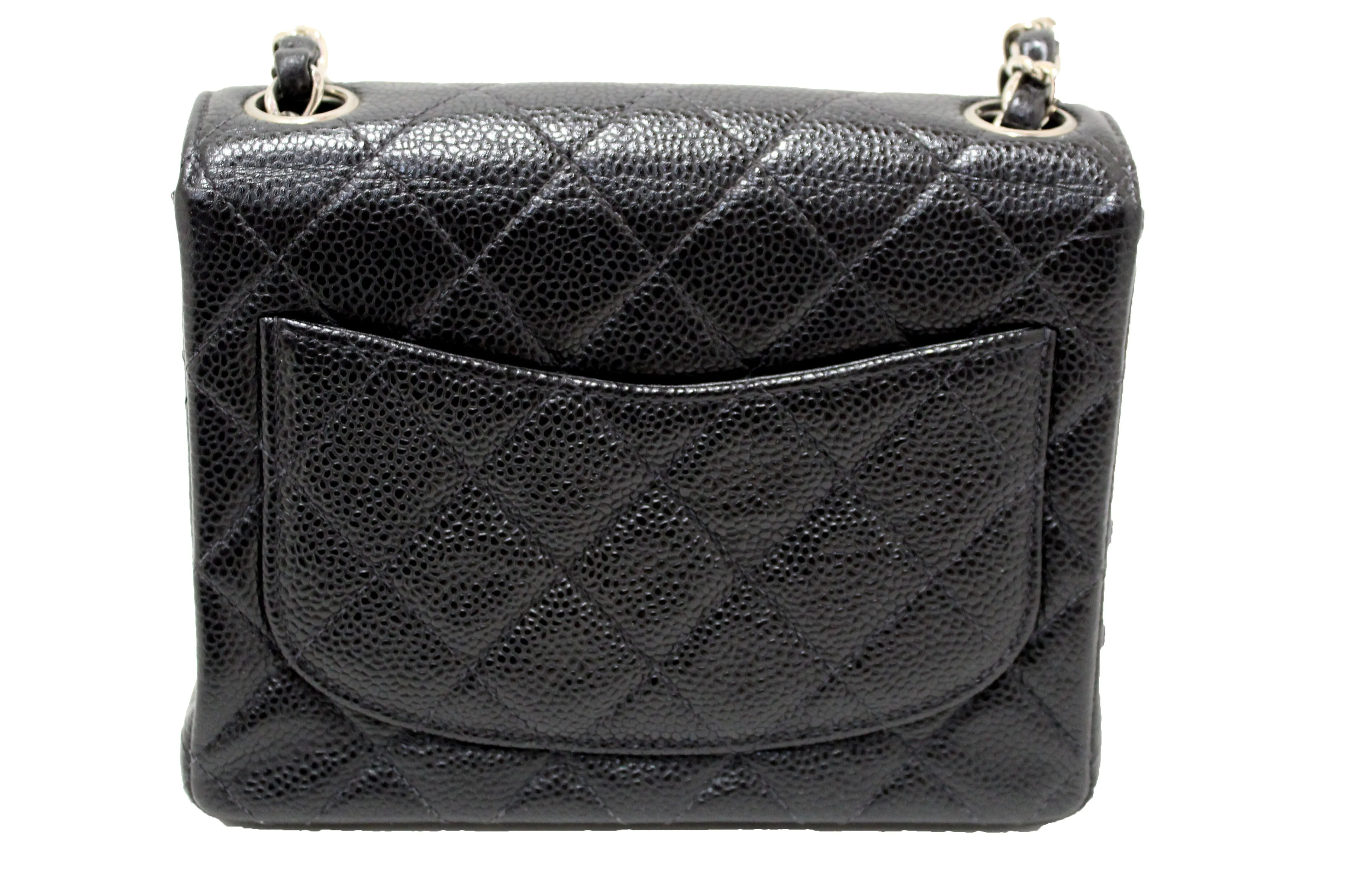 Authentic Chanel Black Quilted Caviar Leather Square Mini Classic Flap Bag