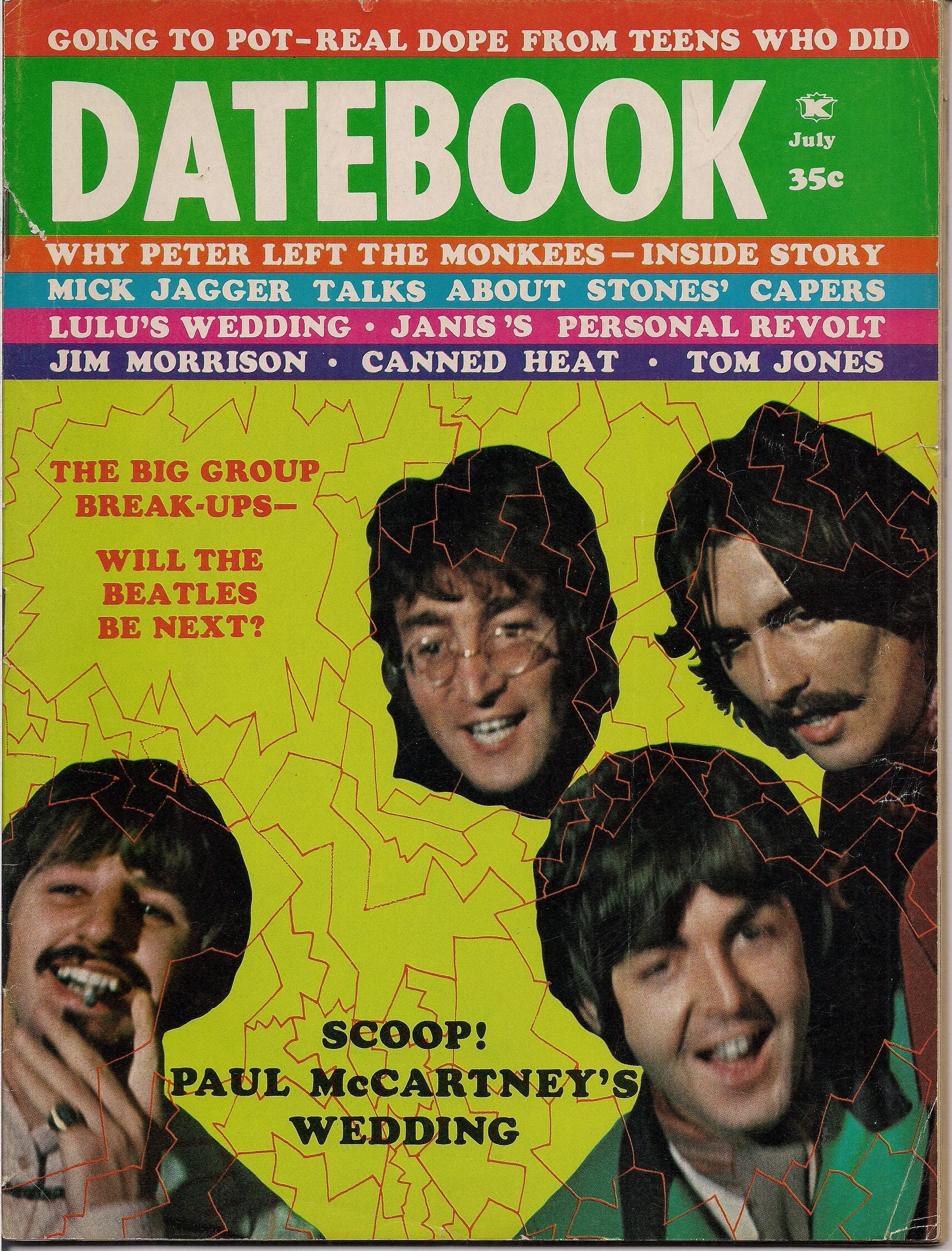 BEATLEmania! Rare DATEBOOK Magazine,July 1969,BEATLES Break-Up,Linda Eastman, Monkees,Jim Morrison,British Invasion,Rock and Roll Music