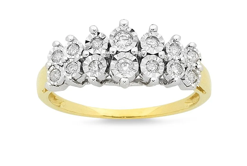 Brilliant Set Two Row Ring with 1/4ct of Diamonds in 9ct Yellow Gold