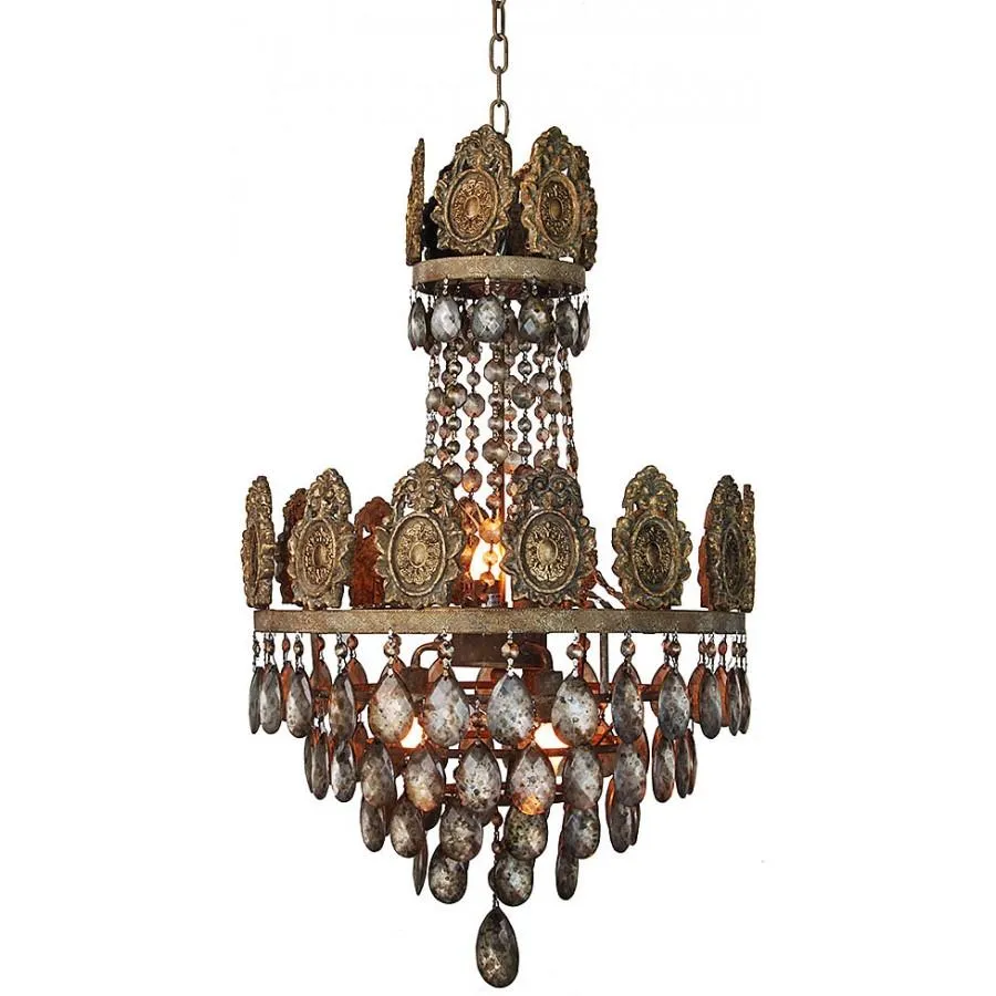 Carved Wood and Brass Medallion Chandelier