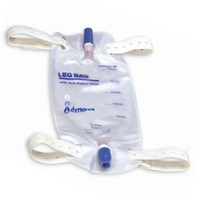 Dynarex Urinary Leg Bag, Anti-Reflux Valve, 500 mL, Vinyl, Box of 12