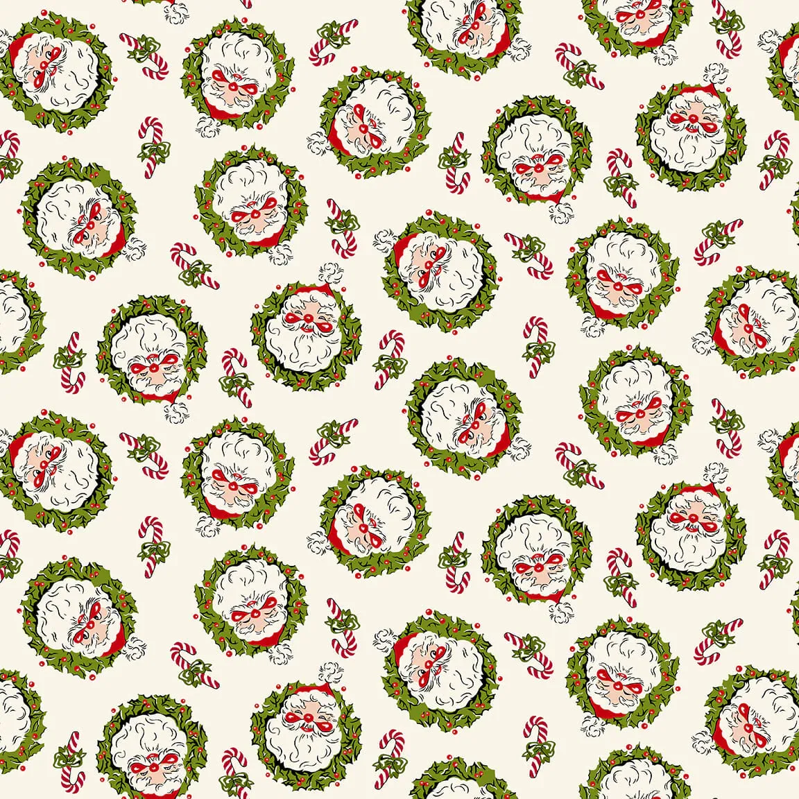 Fabric, My Childhood Christmas by Buttermilk Basin - Vintage Santa Wreaths CREAM (by the yard)