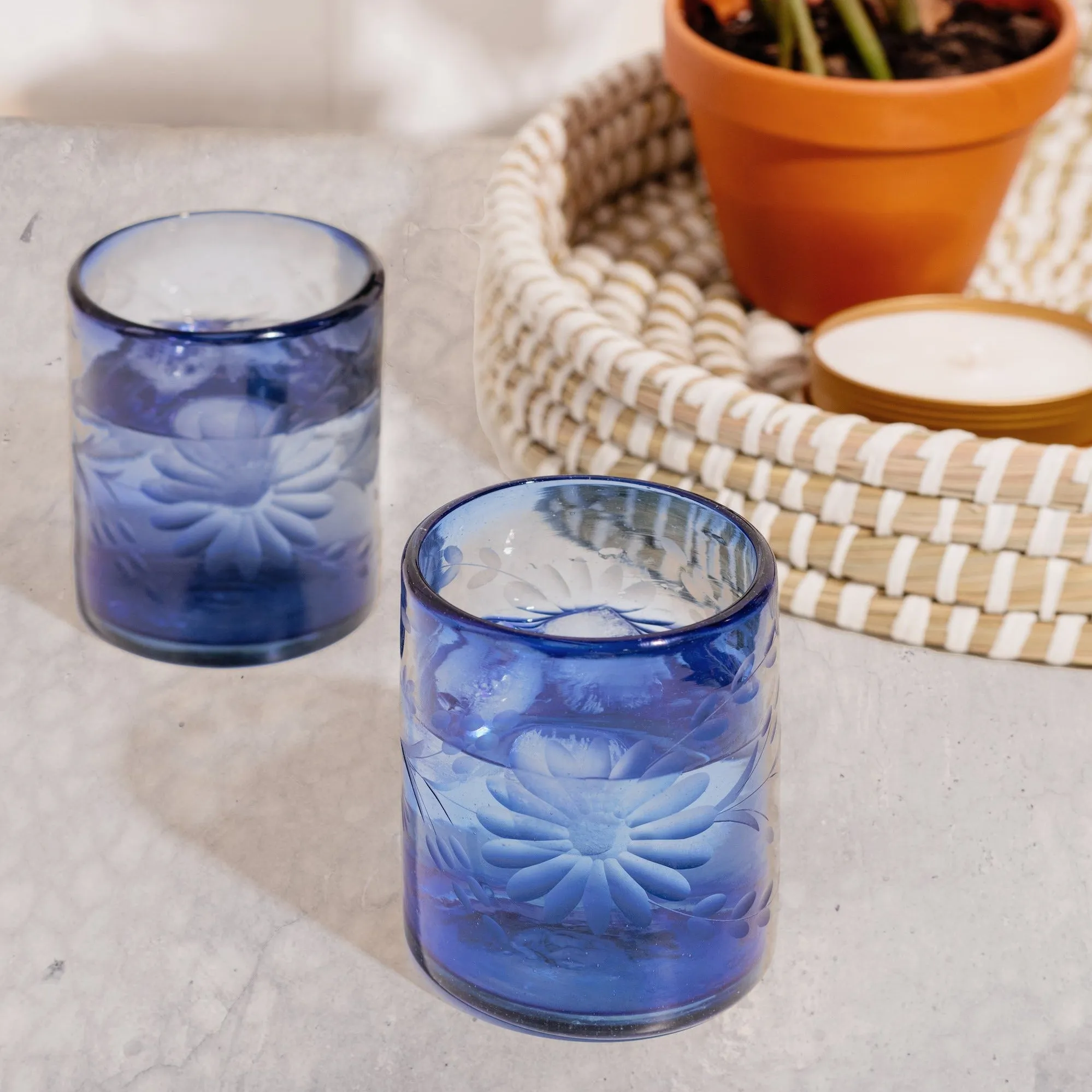 French Blue Etched Glass Tumbler Set