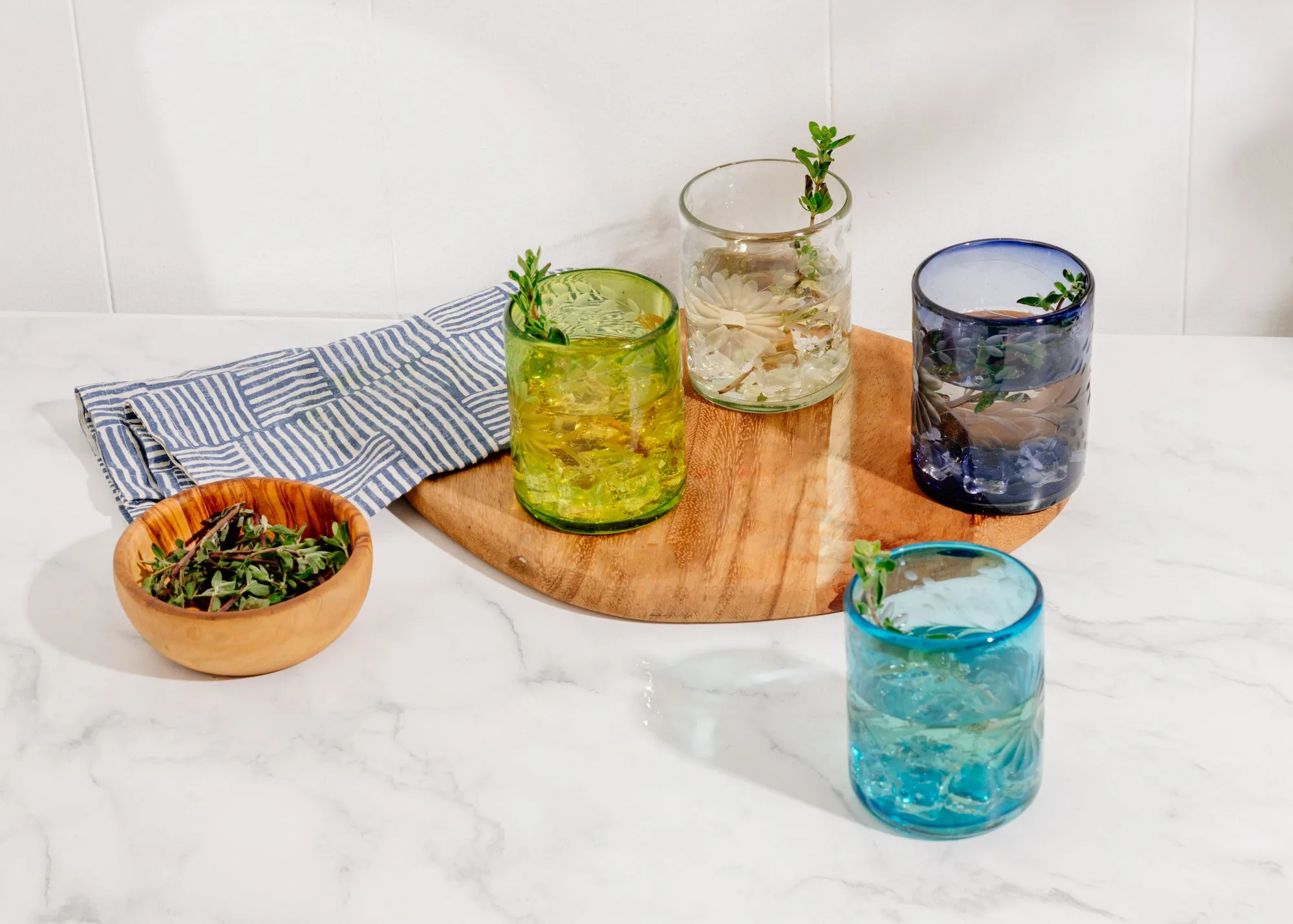 French Blue Etched Glass Tumbler Set