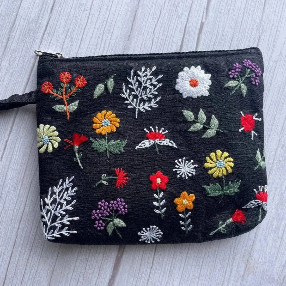 Full Flowers Black Flower Embroidered Cosmetic Bag