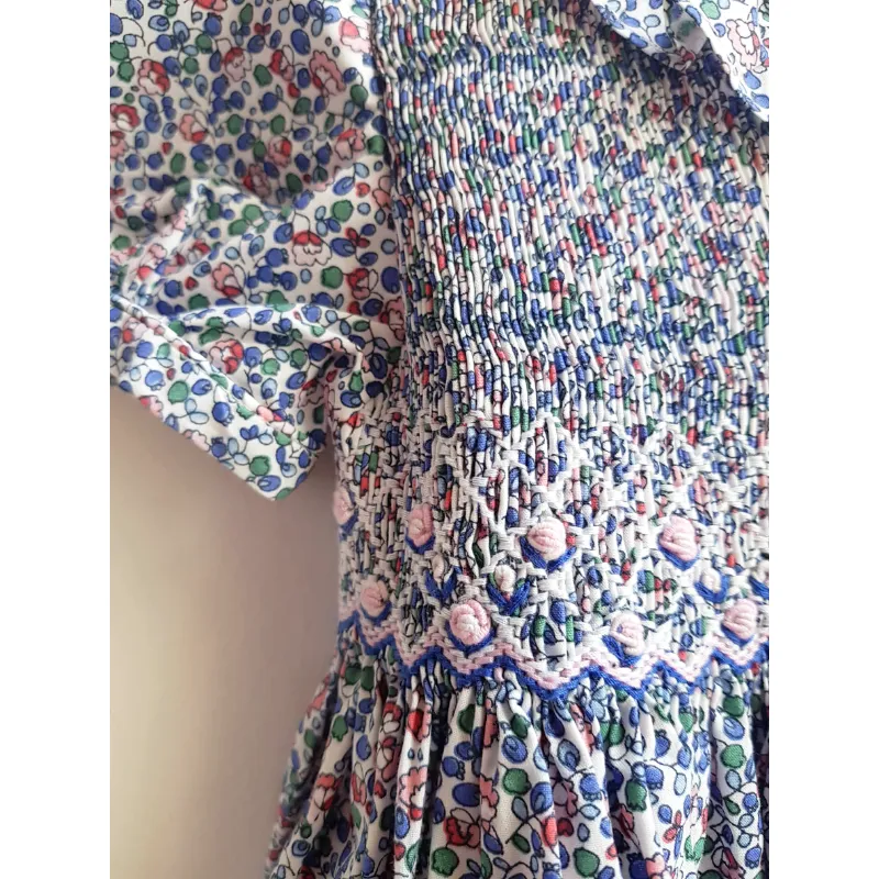 Hand Smocked Dress with Ruffle - Blue Floral