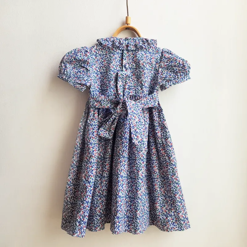 Hand Smocked Dress with Ruffle - Blue Floral