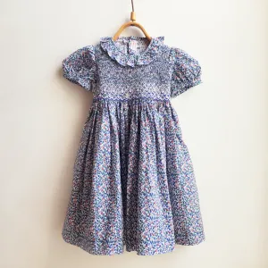 Hand Smocked Dress with Ruffle - Blue Floral