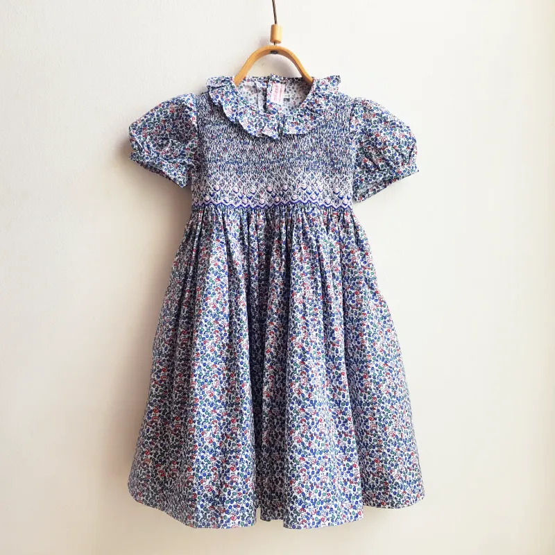 Hand Smocked Dress with Ruffle - Blue Floral