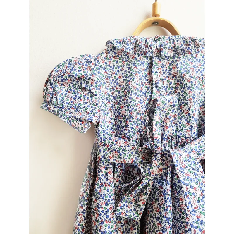 Hand Smocked Dress with Ruffle - Blue Floral