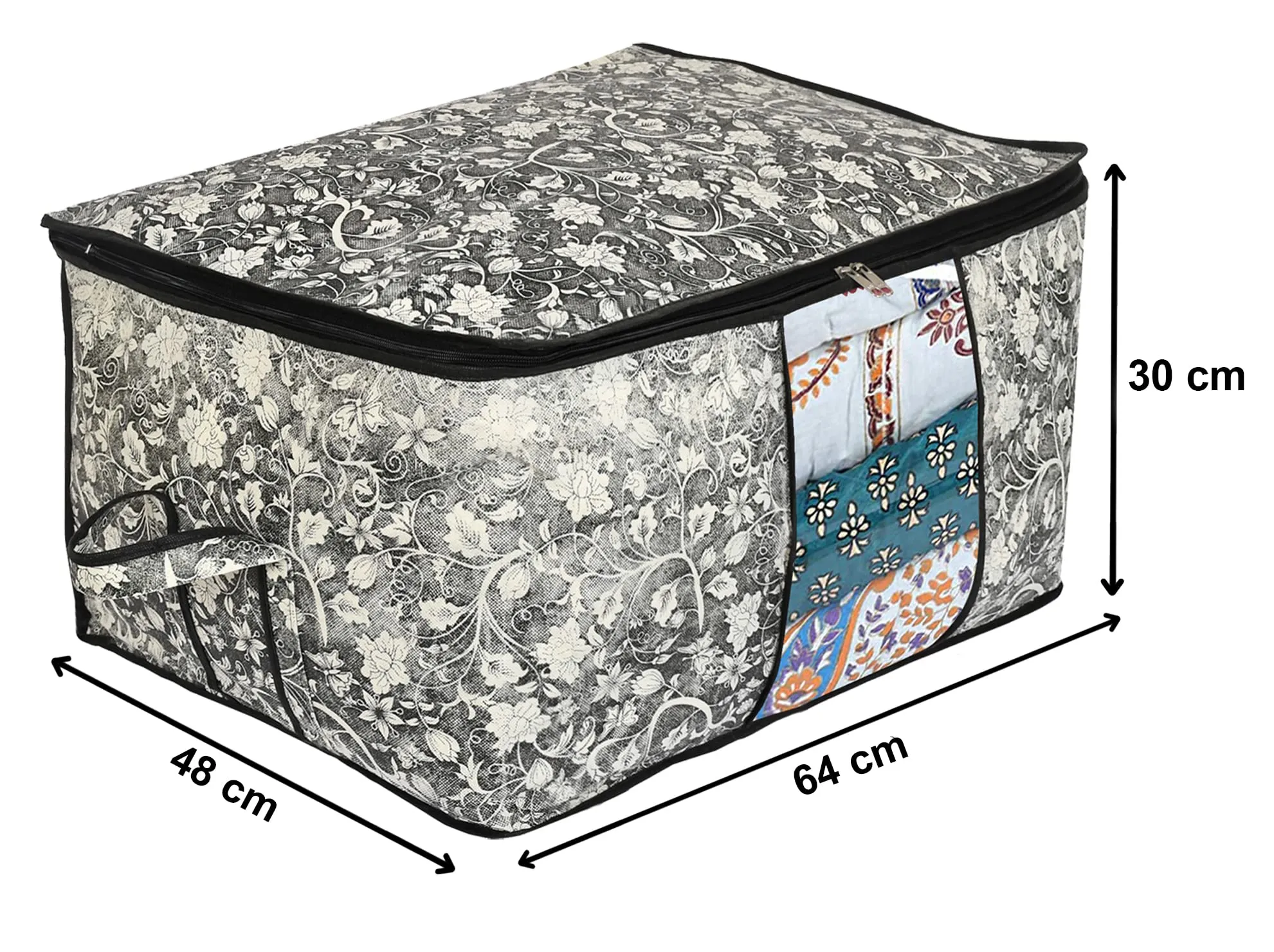 Heart Home Flower Design Non-woven Foldable Underbed/Storage Bag/Wardrobe Organizer With Transparent Window- Pack of 12 (Grey & Cream)-44HH0483