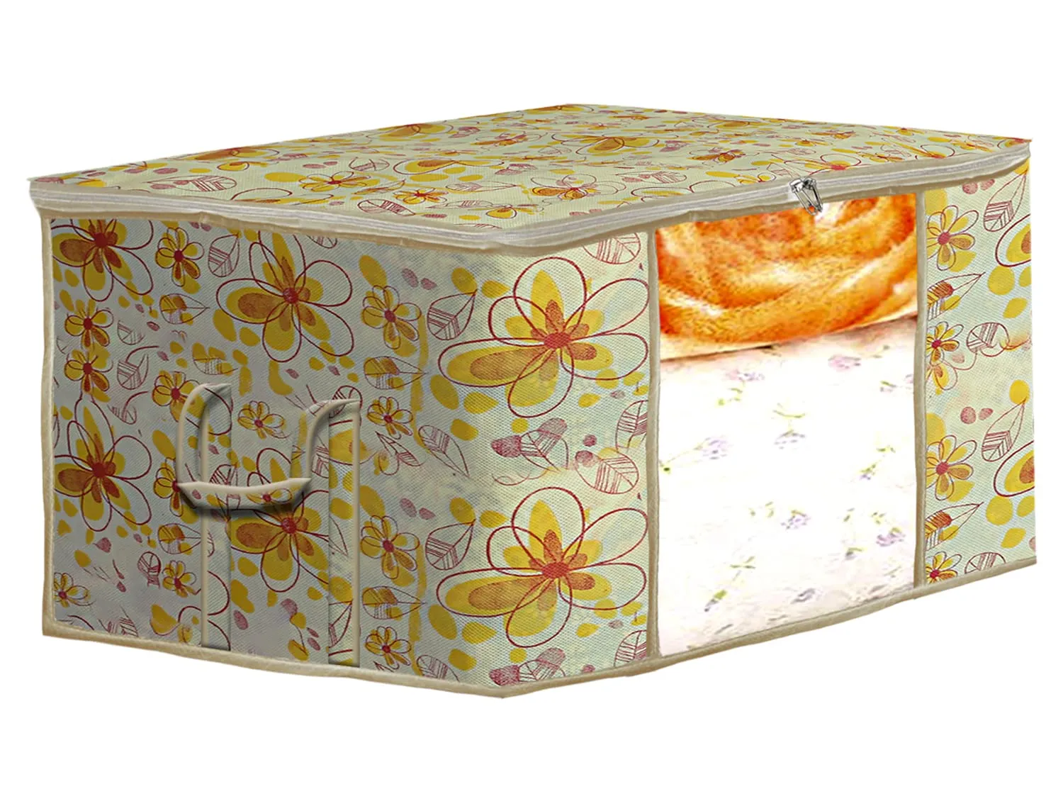 Heart Home Flower Design Non-woven Underbed, Strorage Organizer With Transparent Window- Pack of 12 (Yellow)-44HH0524