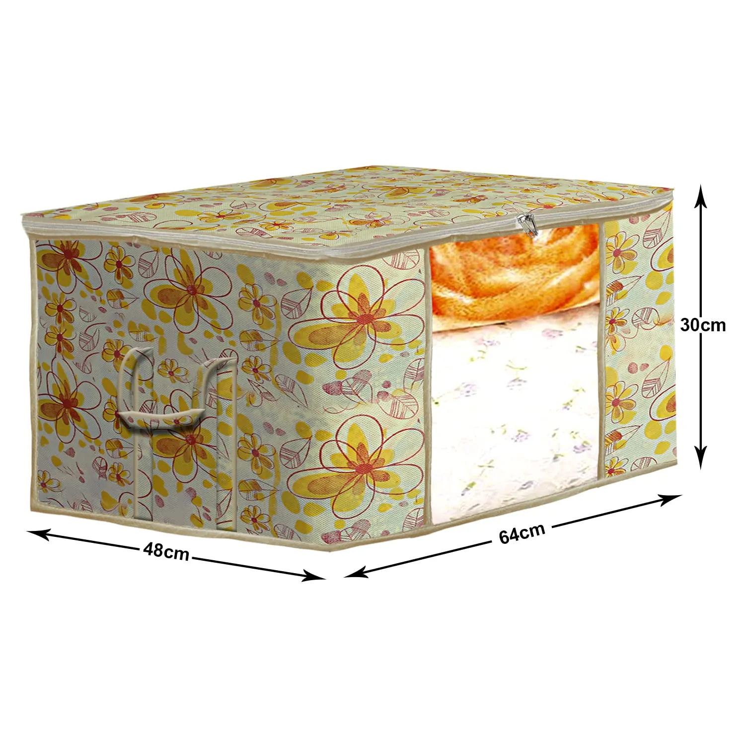 Heart Home Flower Design Non-woven Underbed, Strorage Organizer With Transparent Window- Pack of 12 (Yellow)-44HH0524