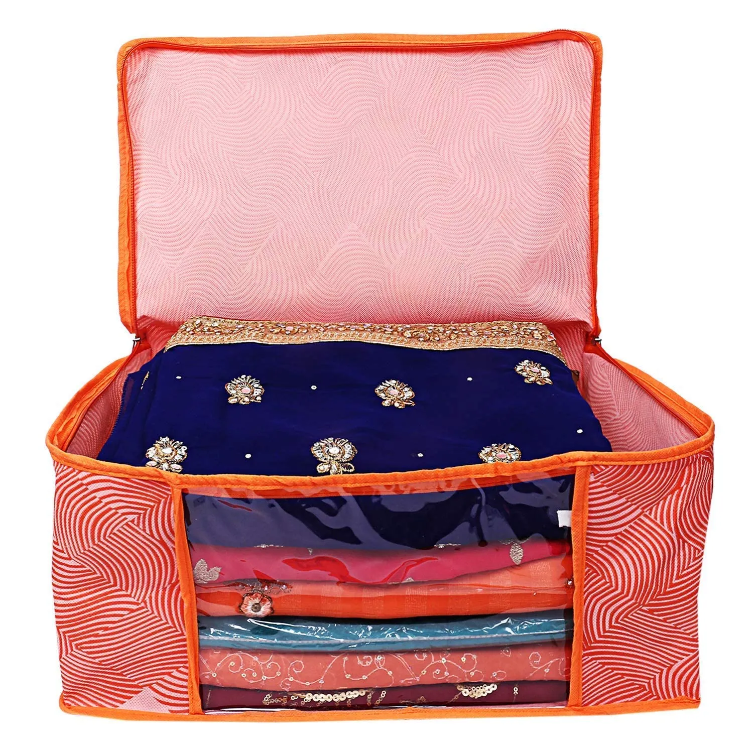 Heart Home Lahariya Design Non-woven Foldable Saree Cover/Clothes Storage Bag/Wardrobe Organizer With Transparent Window- Pack of 12 (Orange)-44HH0383