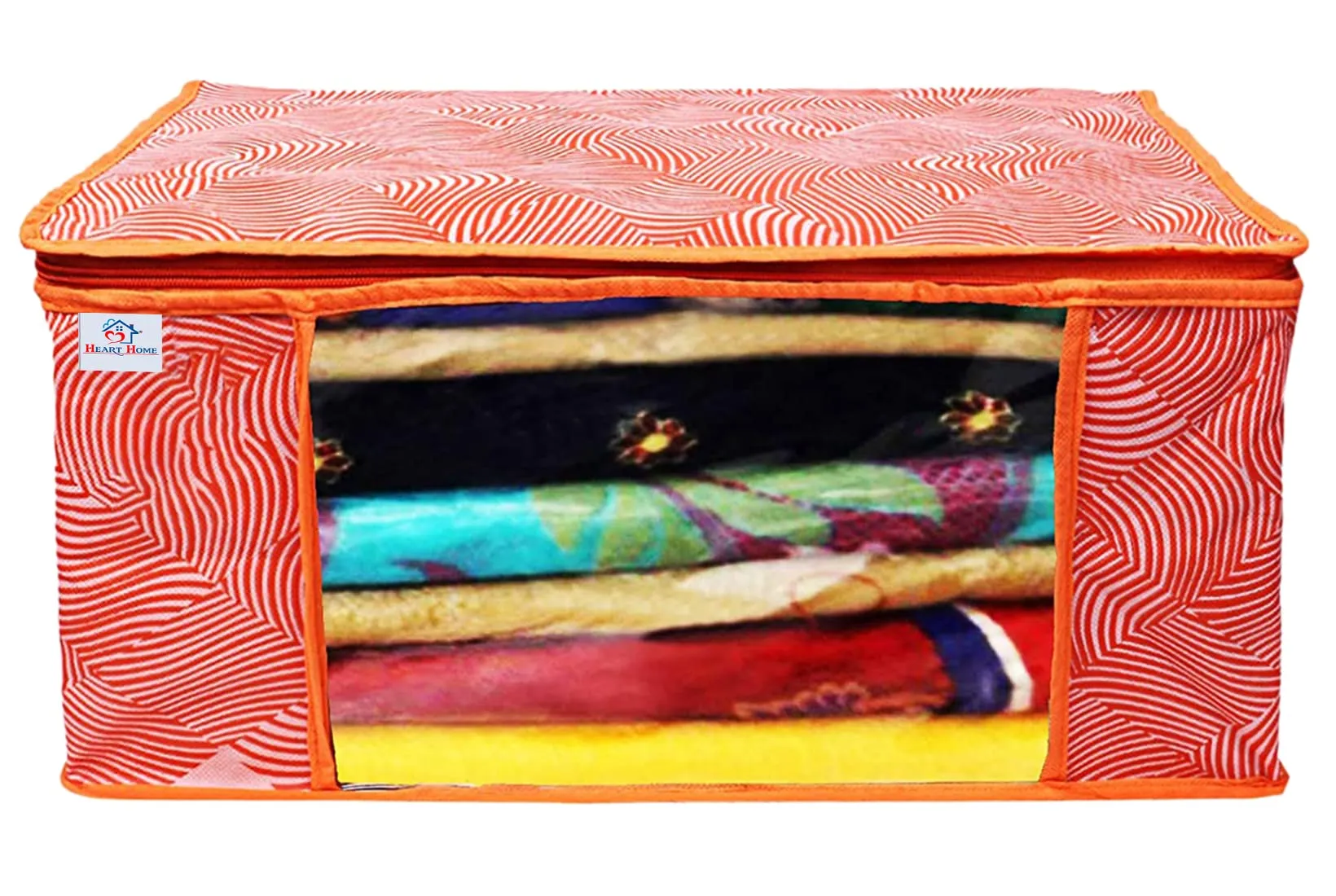 Heart Home Lahariya Design Non-woven Foldable Saree Cover/Clothes Storage Bag/Wardrobe Organizer With Transparent Window- Pack of 12 (Orange)-44HH0383