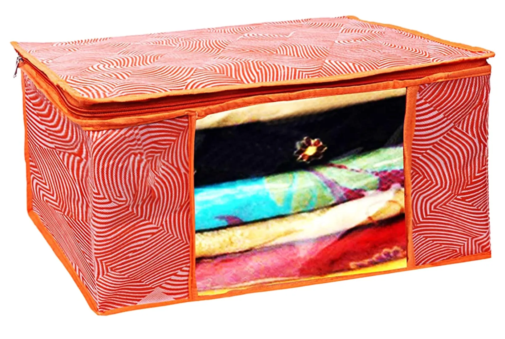 Heart Home Lahariya Design Non-woven Foldable Saree Cover/Clothes Storage Bag/Wardrobe Organizer With Transparent Window- Pack of 12 (Orange)-44HH0383