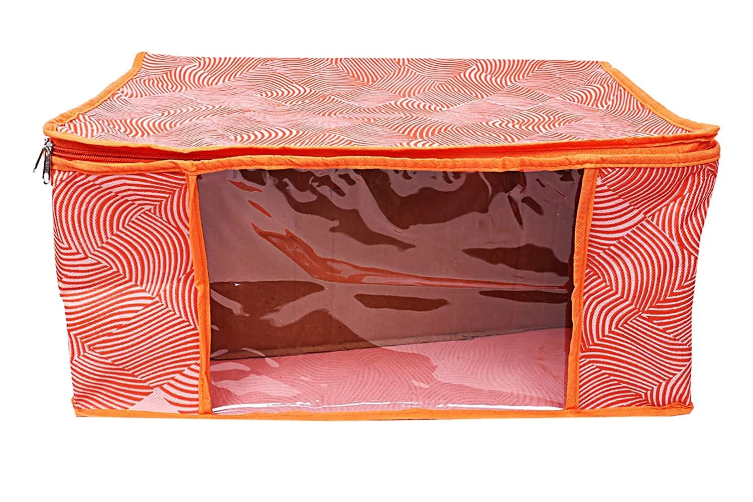 Heart Home Lahariya Design Non-woven Foldable Saree Cover/Clothes Storage Bag/Wardrobe Organizer With Transparent Window- Pack of 12 (Orange)-44HH0383