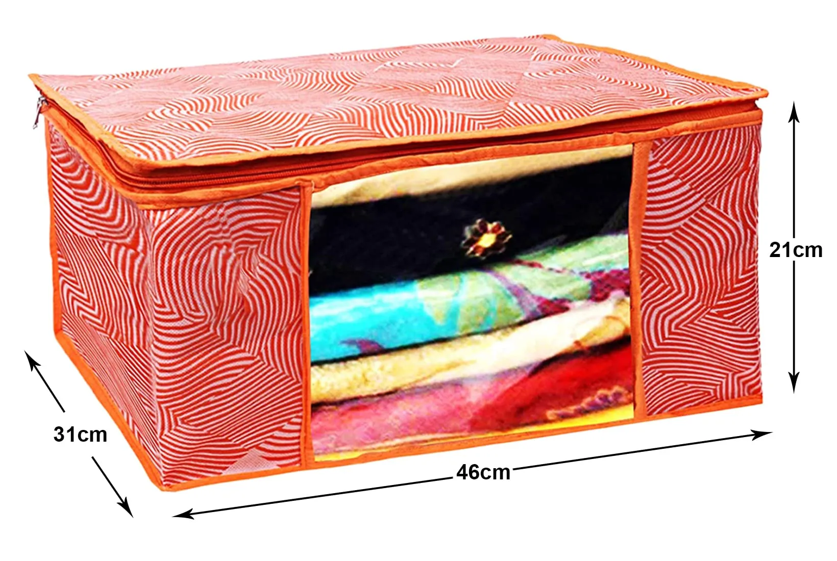 Heart Home Lahariya Design Non-woven Foldable Saree Cover/Clothes Storage Bag/Wardrobe Organizer With Transparent Window- Pack of 12 (Orange)-44HH0383