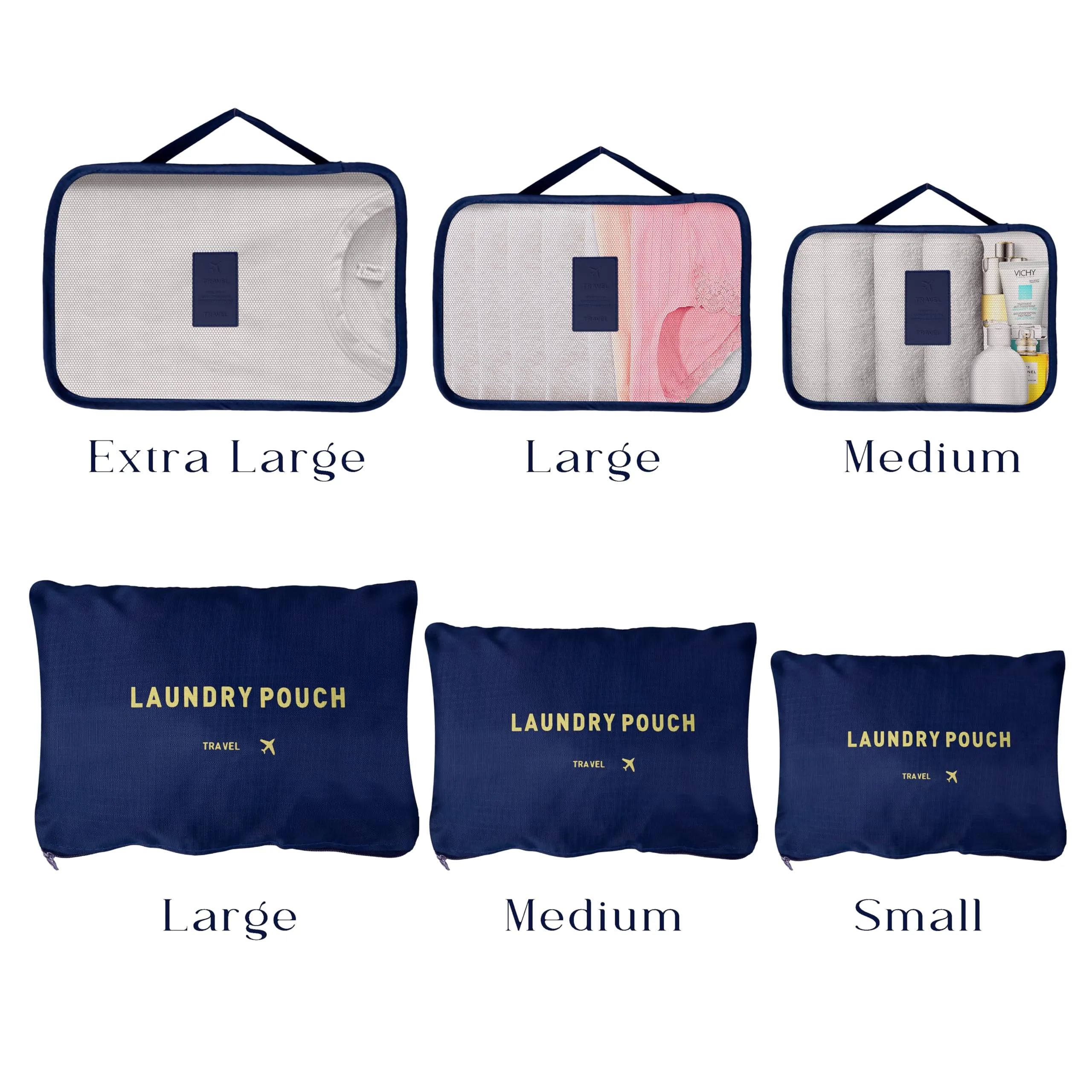 Kuber Industries 12 Pcs Travel Luggage Bag | Toiletry Bag for Jewellery-Watches-Bracelets | Multi-Purpose Storage Bag with Handle | Travel Utility Storage Pouches | LYN16-NVY | Navy Blue | Pack of 2