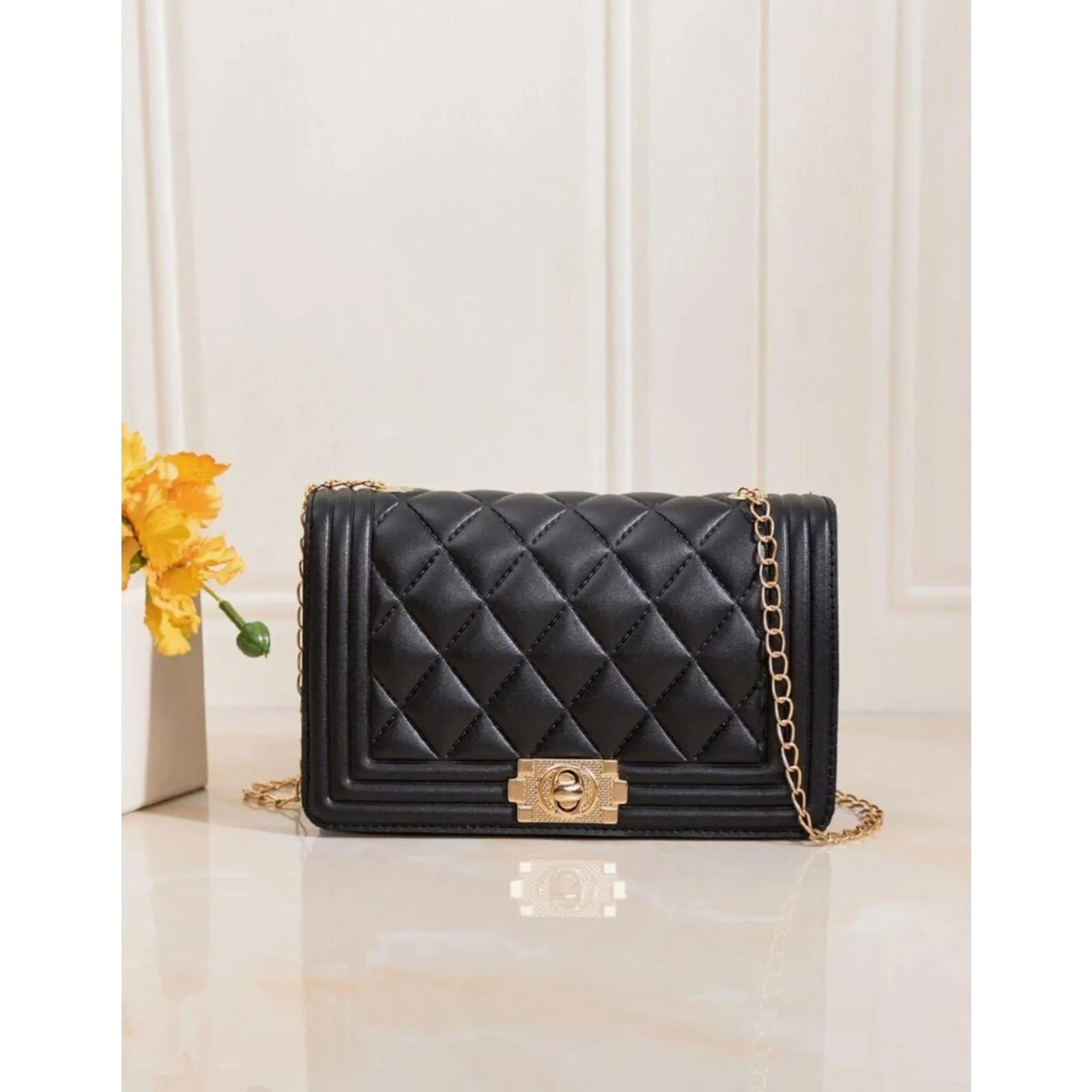 Mini Twist Lock Design Textured Flap Square Bag